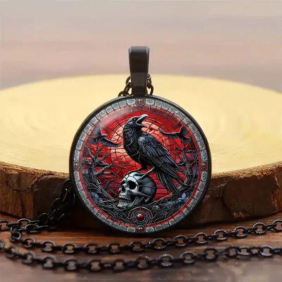 Raven Skull Red Necklace Halloween Cemetery Fashion Jewelry Gothic Goth Poe NIP - Picture 1 of 3